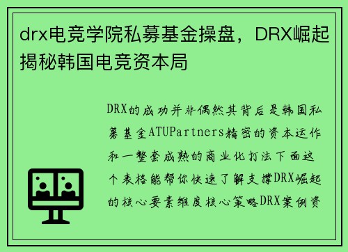 drx电竞学院私募基金操盘，DRX崛起揭秘韩国电竞资本局
